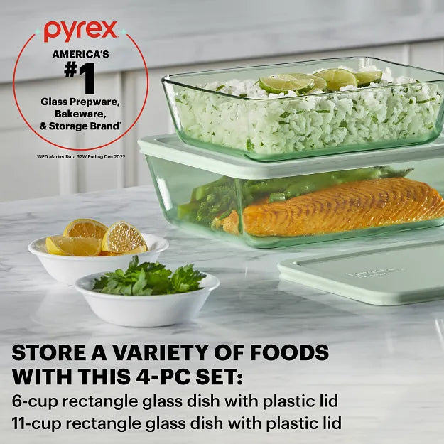Pyrex® Simply Store® Tinted 4-piece Rectangle Storage Set with Green Plastic Lids - Image 2